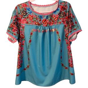Floral Embroidered Women's Blouse - Blue and Red